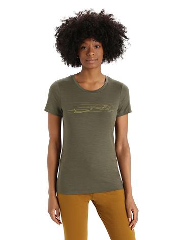 Loden Women's Icebreaker Merino Tech Lite II Short Sleeve Ski Stripes T Shirts | USA 1592PJJQ